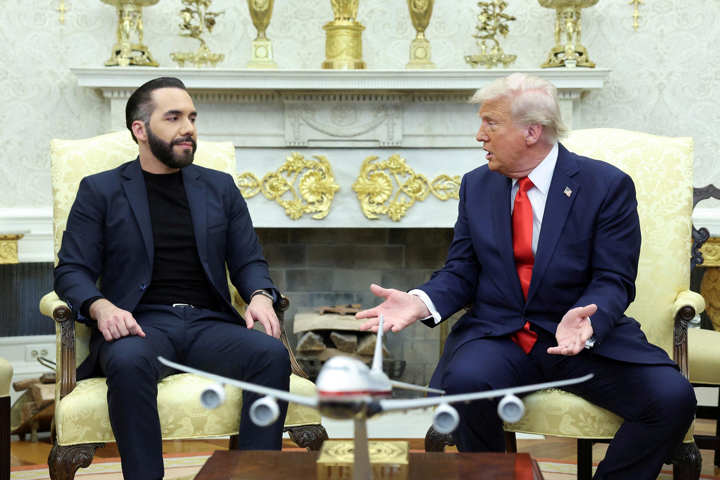 <i>Kevin Lamarque/Reuters via CNN Newsource</i><br/>President Donald Trump meets with El Salvador President Nayib Bukele in the Oval Office at the White House in Washington