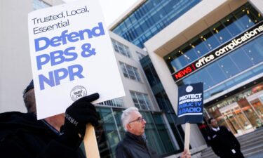 People rally to call on Congress to protect funding for Public Broadcasting Service (PBS) and National Public Radio outside the NPR headquarters in Washington