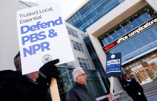 People rally to call on Congress to protect funding for Public Broadcasting Service (PBS) and National Public Radio outside the NPR headquarters in Washington