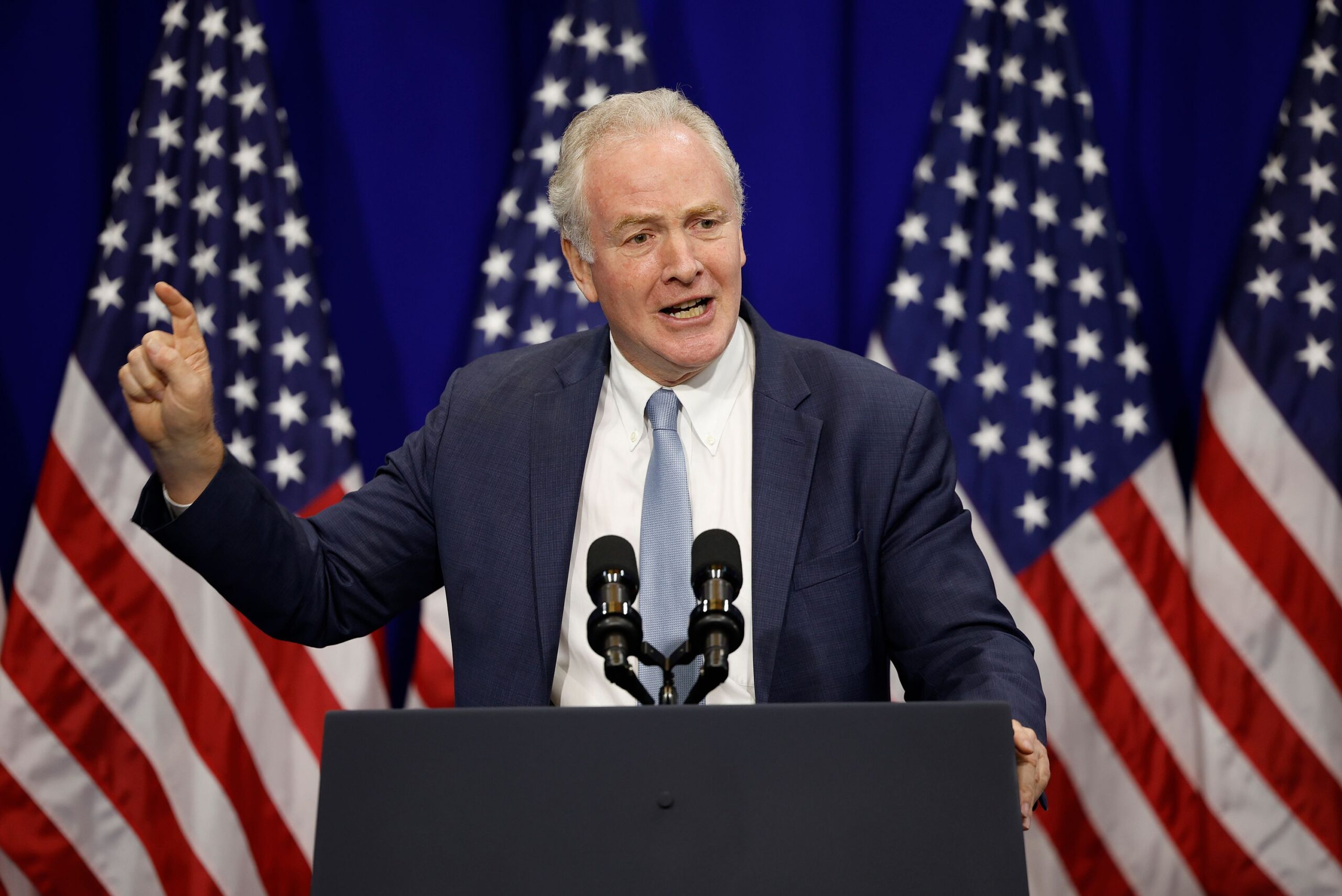 <i>Kevin Dietsch/Getty Images via CNN Newsource</i><br/>US Sen. Chris Van Hollen (D-MD) delivers remarks in June 2024 in College Park