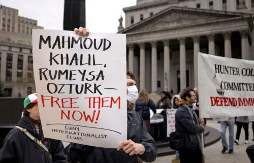 Students and faculty from the City University of New York (CUNY) hold a rally in in lower Manhattan Friday in support of international students who have had their visas revoked by the Trump administration.
