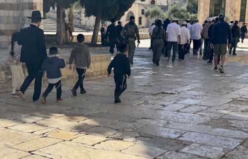 Jewish worshippers at the al-Aqsa complex on April 17. Thousands of Jewish worshippers visited a Jerusalem holy site during the holiday of Passover.