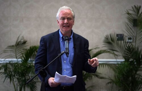Senator Chris Van Hollen speaks during a press conference at a hotel in San Salvador on April 17.