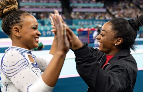 Andrade and Biles high-five after the women's artistic gymnastics vault final at the Paris 2024 Olympics in August.