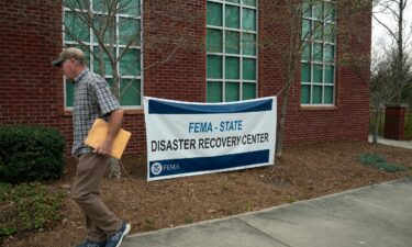 A sign is seen outside the FEMA Disaster Recovery Center at Weaverville Town Hall on March 29