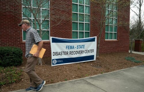 A sign is seen outside the FEMA Disaster Recovery Center at Weaverville Town Hall on March 29