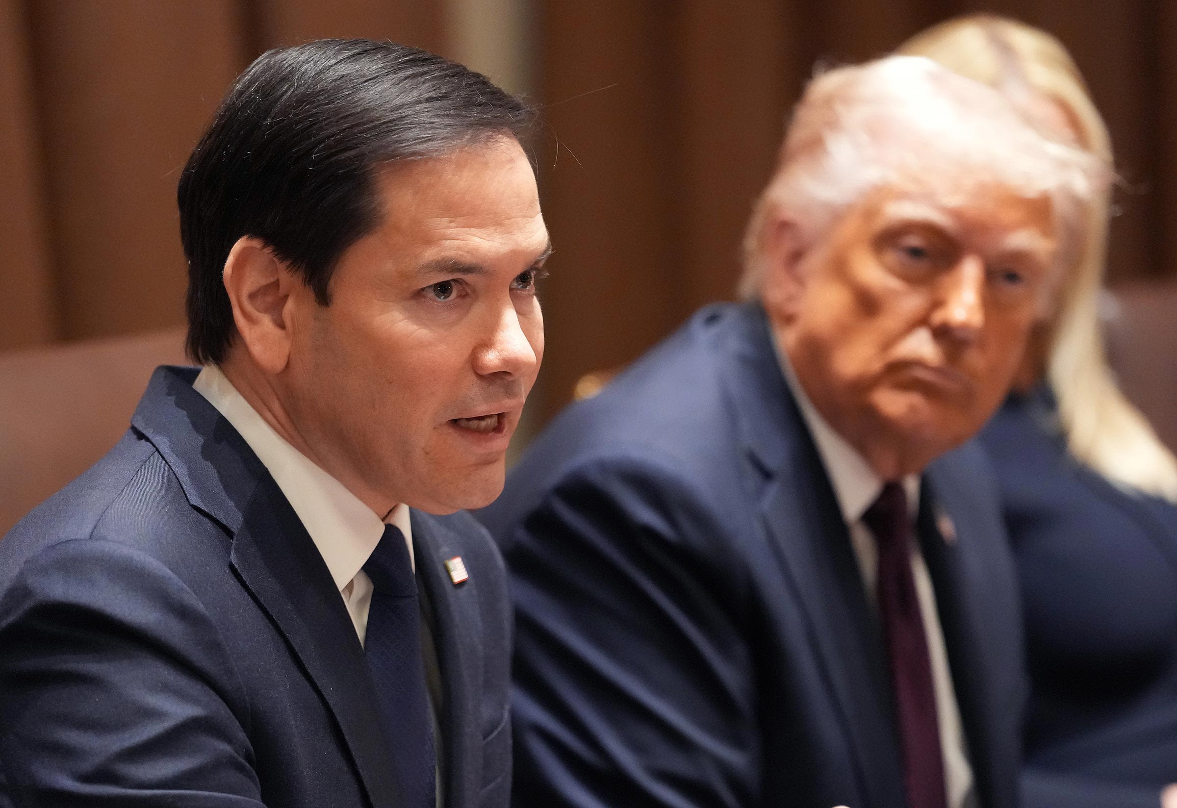<i>Win McNamee/Getty Images via CNN Newsource</i><br/>Secretary of State Marco Rubio delivers remarks alongside President Donald Trump during a Cabinet meeting at the White House on March 24 in Washington