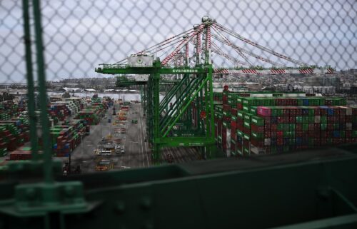 Cranes unload cargo shipping containers at the Port of Los Angeles in San Pedro