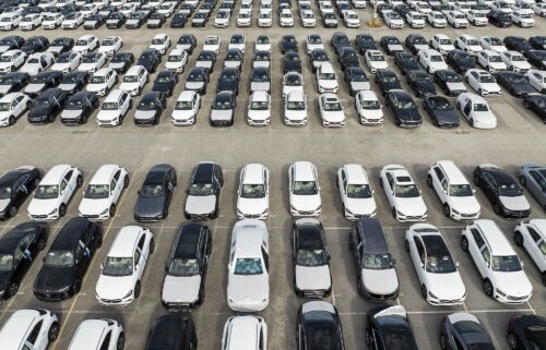 New vehicles are parked on the pier at the Mercedes Benz Vehicle Preparation Center in Baltimore