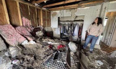 Holly Hendrickson looks at the damage to her master bedroom after a fire on April 26.