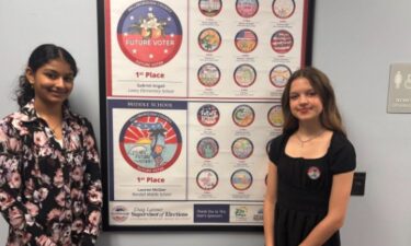Eighth-grader Lauren McGee and seventh-grader Mahi Patel were among hundreds of elementary and middle school students across the county to accept Latimer’s challenge to create a “Future Voter” sticker that would encourage young people to learn more about voting and elections.