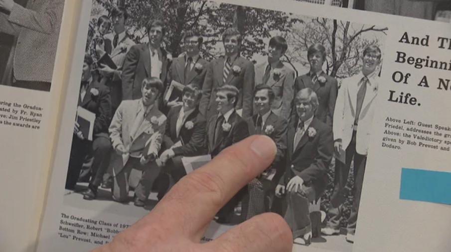 <i>WBZ via CNN Newsource</i><br/>Bob Schick points to a picture of Robert Prevost in his high school yearbook.