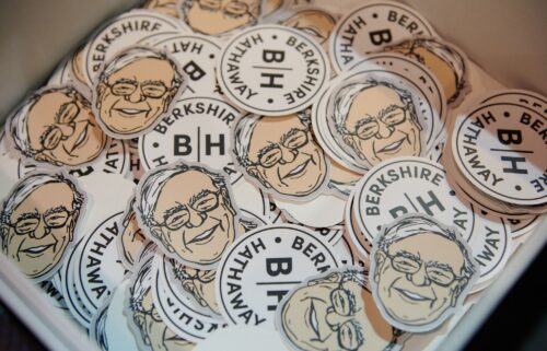 Berkshire-themed stickers on the exhibition floor inside the CHI Health Center during the Berkshire Hathaway annual shareholders meeting in Omaha