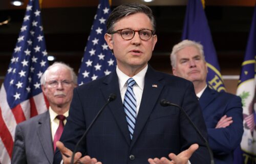 Speaker of the House Mike Johnson at a news conference in the US Capitol on May 14.