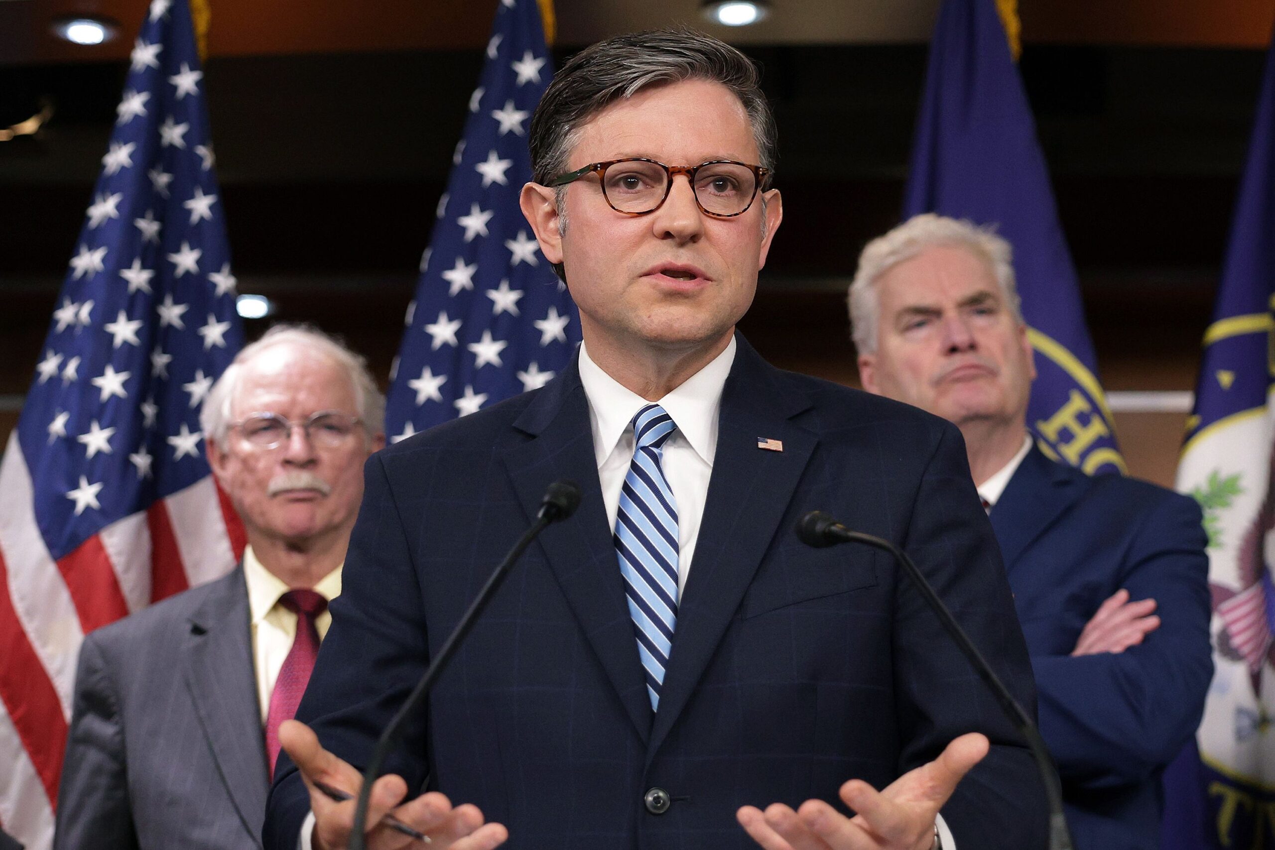 <i>Alex Wong/Getty Images via CNN Newsource</i><br/>Speaker of the House Mike Johnson at a news conference in the US Capitol on May 14.