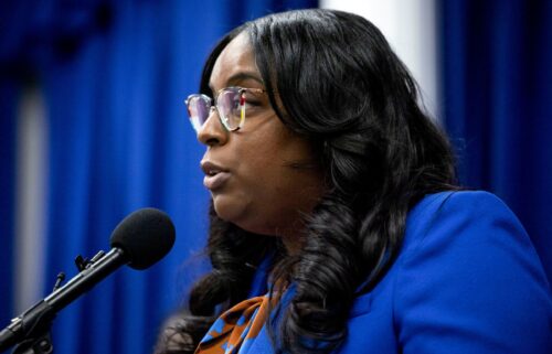 Rep. LaMonica McIver speaks during a news conference at City Hall in Newark