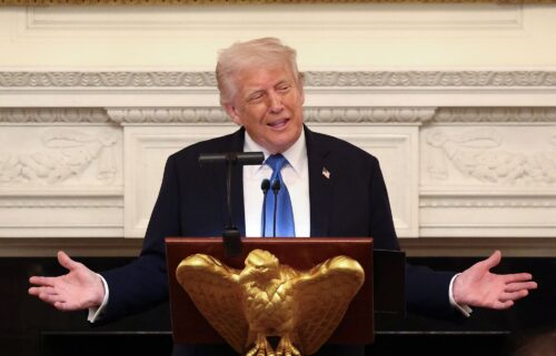 U.S. President Donald Trump speaks while hosting a Kennedy Center Board dinner at the White House in Washington
