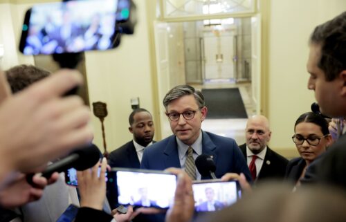 Speaker of the House Mike Johnson (R-LA) speaks to reporters after returning to the U.S. Capitol Building on May 21 in Washington