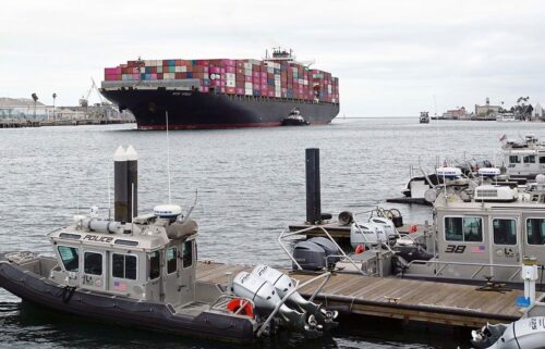 A cargo ship arriving at the Port of Los Angeles. Nearby are bonded warehouses where businesses pay money to have imports locked up to defer tariff payments.