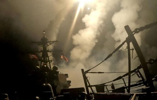 A ship fires missiles at an undisclosed location  after President Donald Trump launched military strikes against Yemen's Iran-aligned Houthis in this screengrab obtained from a handout video released on March 15.