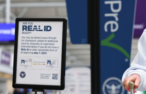 A US Department of Homeland Security "Real ID" compliant driver's license sign is seen outside the TSA checkpoint at Chicago O'Hare International Airport on April 23.