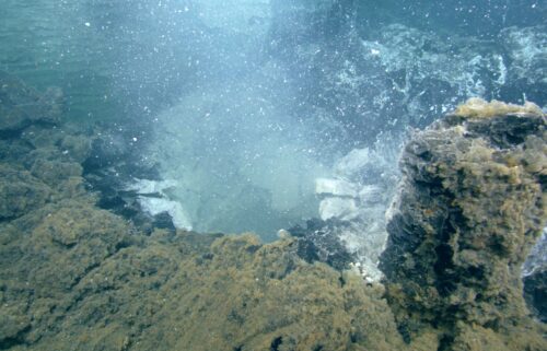 White clouds of microbial waste billow from the seafloor.