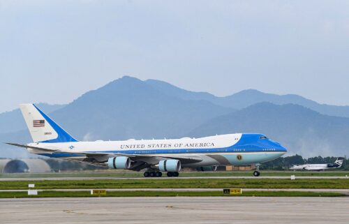 Air Force One landing in a 2023 photo. Boeing has moved up the planned delivery time of two 747 jets  to replace the two current jets. But the delivery will still come years after originally scheduled.