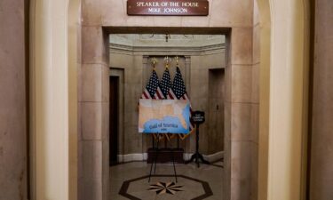 A sign showing the gulf is seen at the entrance to the office of US House Speaker Mike Johnson at the US Capitol in Washington