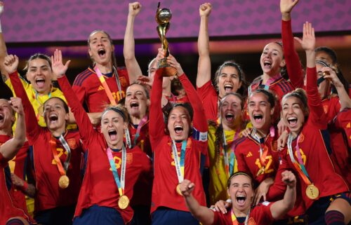 Ivana Andres of Spain lifts the World Cup trophy following victory after the FIFA Women's World Cup Australia & New Zealand 2023 Final.