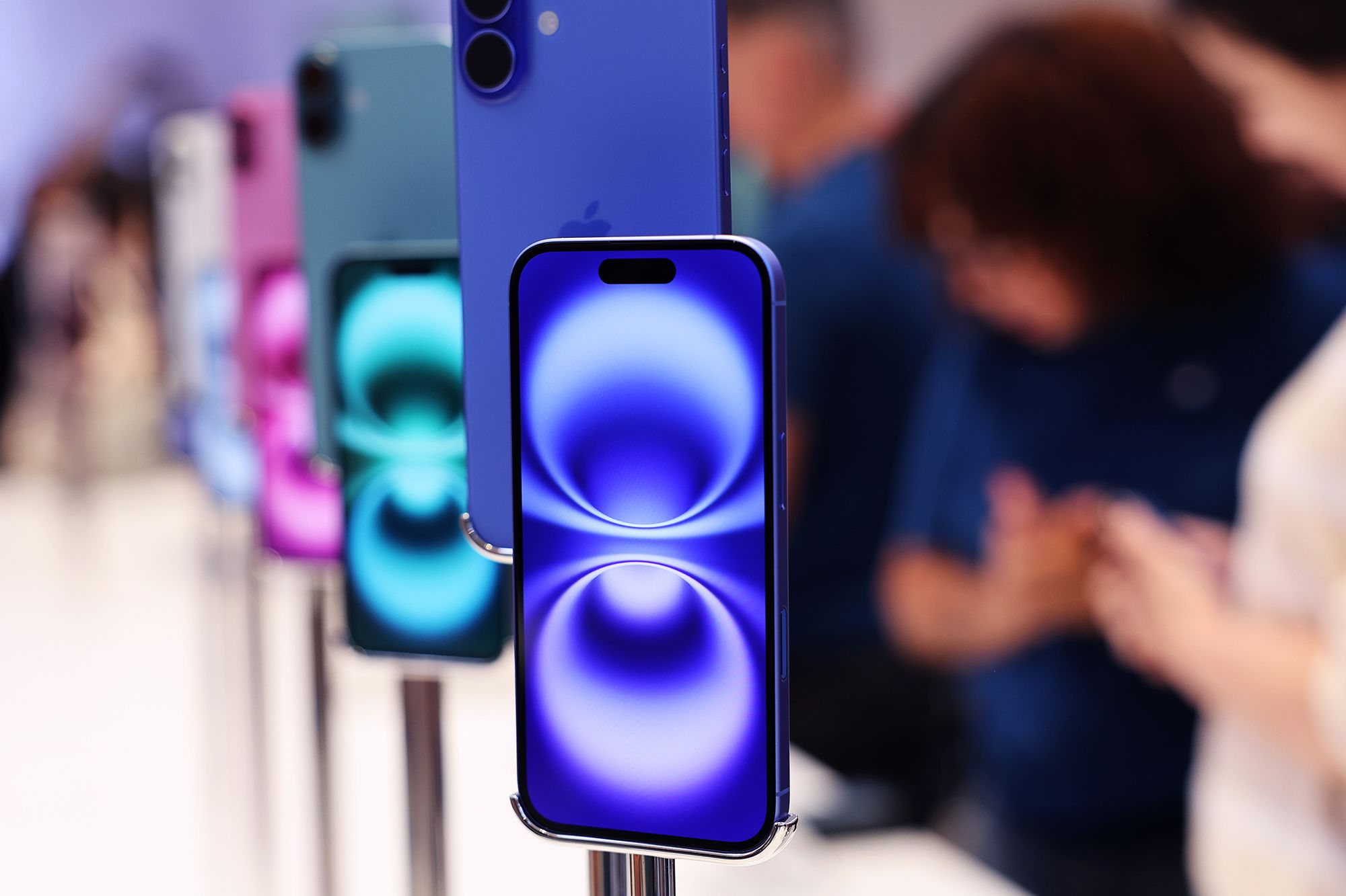 <i>Michael M. Santiago/Getty Images via CNN Newsource</i><br/>iPhone 16 phones are on display at the Fifth Avenue Apple Store in New York City on launch day on September 20