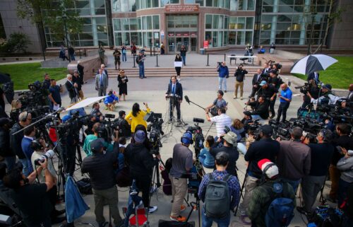 District Attorney Nathan Hochman speaks to the media near the Van Nuys Courthouse West in Los Angeles