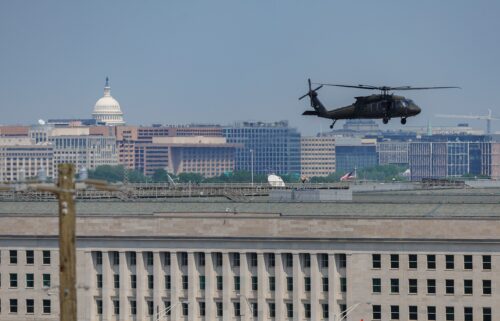 A US Army Blackhawk helicopter flies over The Pentagon on May 1.
