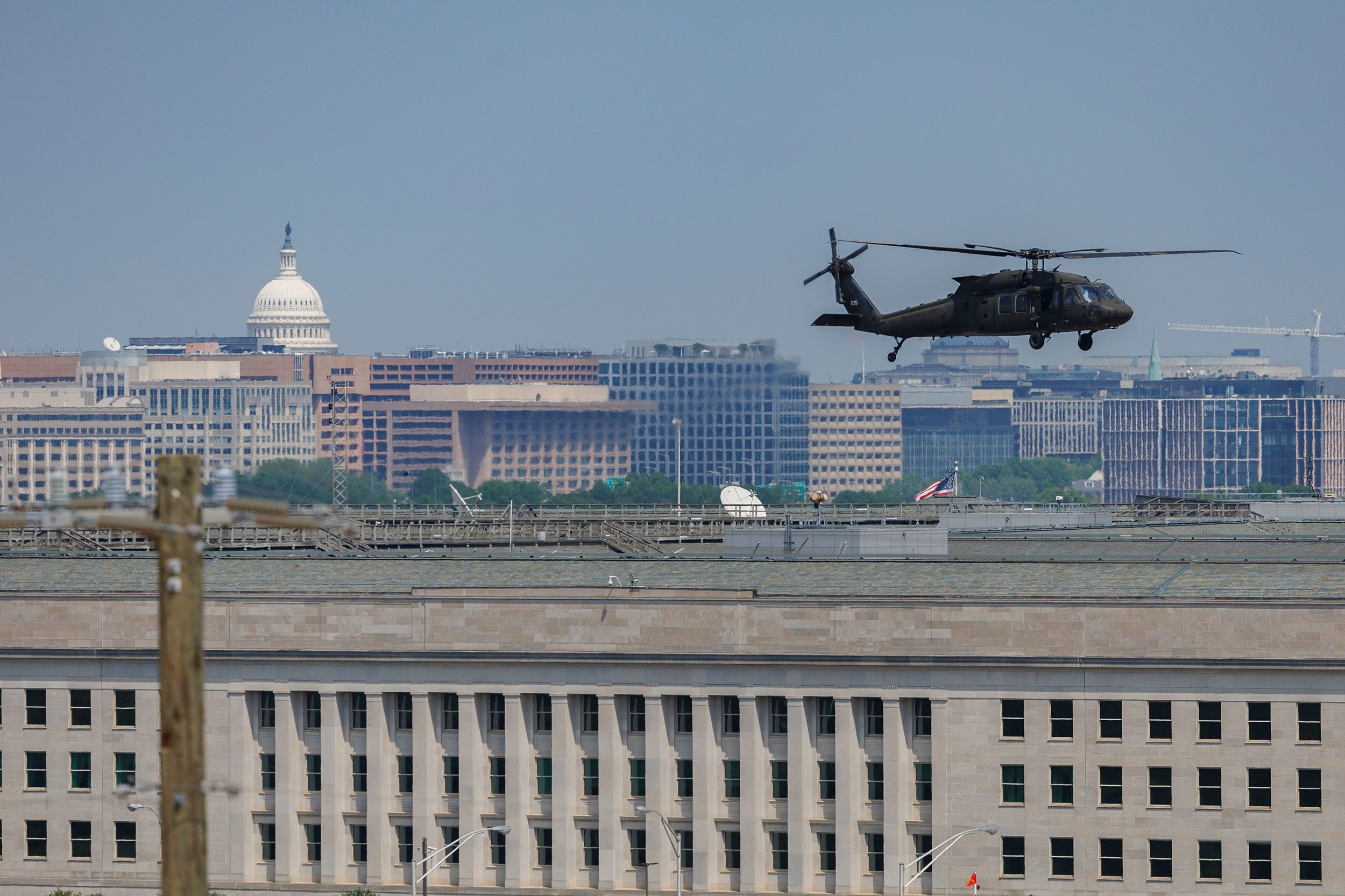 <i>Tom Brenner/For The Washington Post/Getty Images via CNN Newsource</i><br/>A US Army Blackhawk helicopter flies over The Pentagon on May 1.