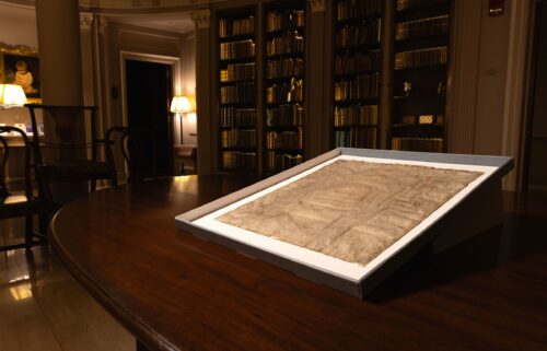 A rare copy of Magna Carta from 1300 sits in a display case at Harvard Law School in Cambridge