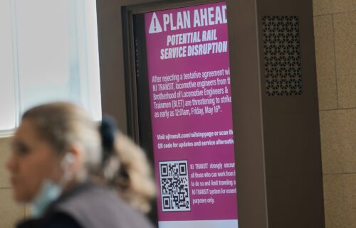 An electronic display advises commuters of potential NJ Transit service disruptions at the Secaucus Junction station in Secaucus