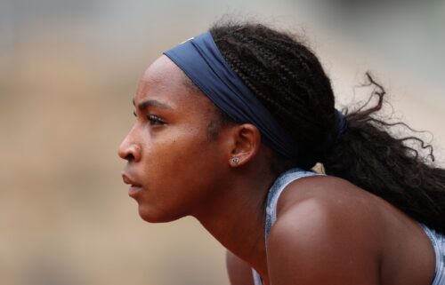 Coco Gauff realizes her racket bag is empty before playing Olivia Gadecki in the French Open first round.