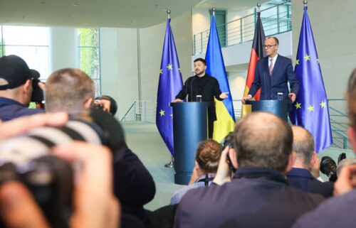 Ukrainian President Volodymyr Zelensky and German Chancellor Friedrich Merz in Berlin on May 28