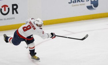 Washington Capitals left wing Alex Ovechkin scores a goal in the second period against the New York Islanders at UBS Arena. The goal was the 895th of Ovechkin’s career