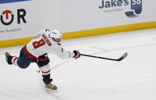 Washington Capitals left wing Alex Ovechkin scores a goal in the second period against the New York Islanders at UBS Arena. The goal was the 895th of Ovechkin’s career