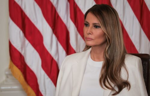 US first lady Melania Trump looks on during the unveiling of a Postal Service stamp honoring former first lady Barbara Bush in the East Room at the White House.