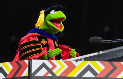 Kermit the Frog speaks during University of Maryland's commencement ceremony on May 22 in College Park