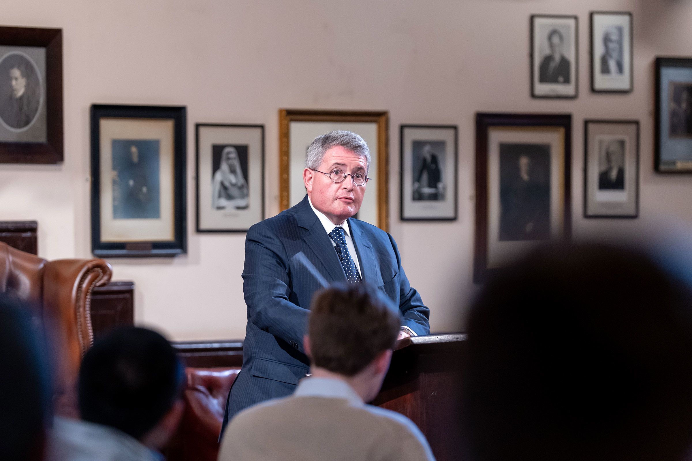 <i>Nordin Catic/Getty Images via CNN Newsource</i><br/>Leonard Leo speaks at The Cambridge Union on March 11 in Cambridge