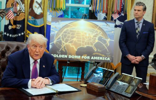 President Donald Trump speaks alongside Secretary of Defense Pete Hegseth in the Oval Office at the White House on May 20 in Washington