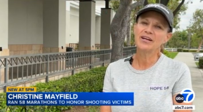 <i>KABC via CNN Newsource</i><br/>Christine Mayfield set the goal to run 58 marathons after she and her husband survived the 2017 Route 91 Harvest Music Festival shooting in Las Vegas.