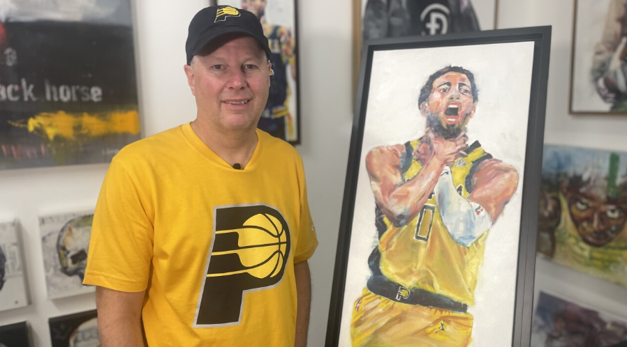 <i>WRTV via CNN Newsource</i><br/>Chuck Horsman has created a painting of star player Tyrese Haliburton dramatically performing the classic "choke" gesture during a crucial win against the New York Knicks.