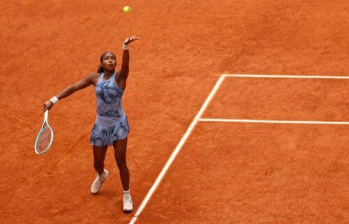 Coco Gauff serves during the French Open final against Aryna Sabalenka.