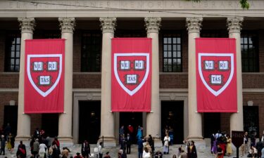 Harvard banners in front Widener Library during the 374th Harvard Commencement in Harvard Yard in Cambridge