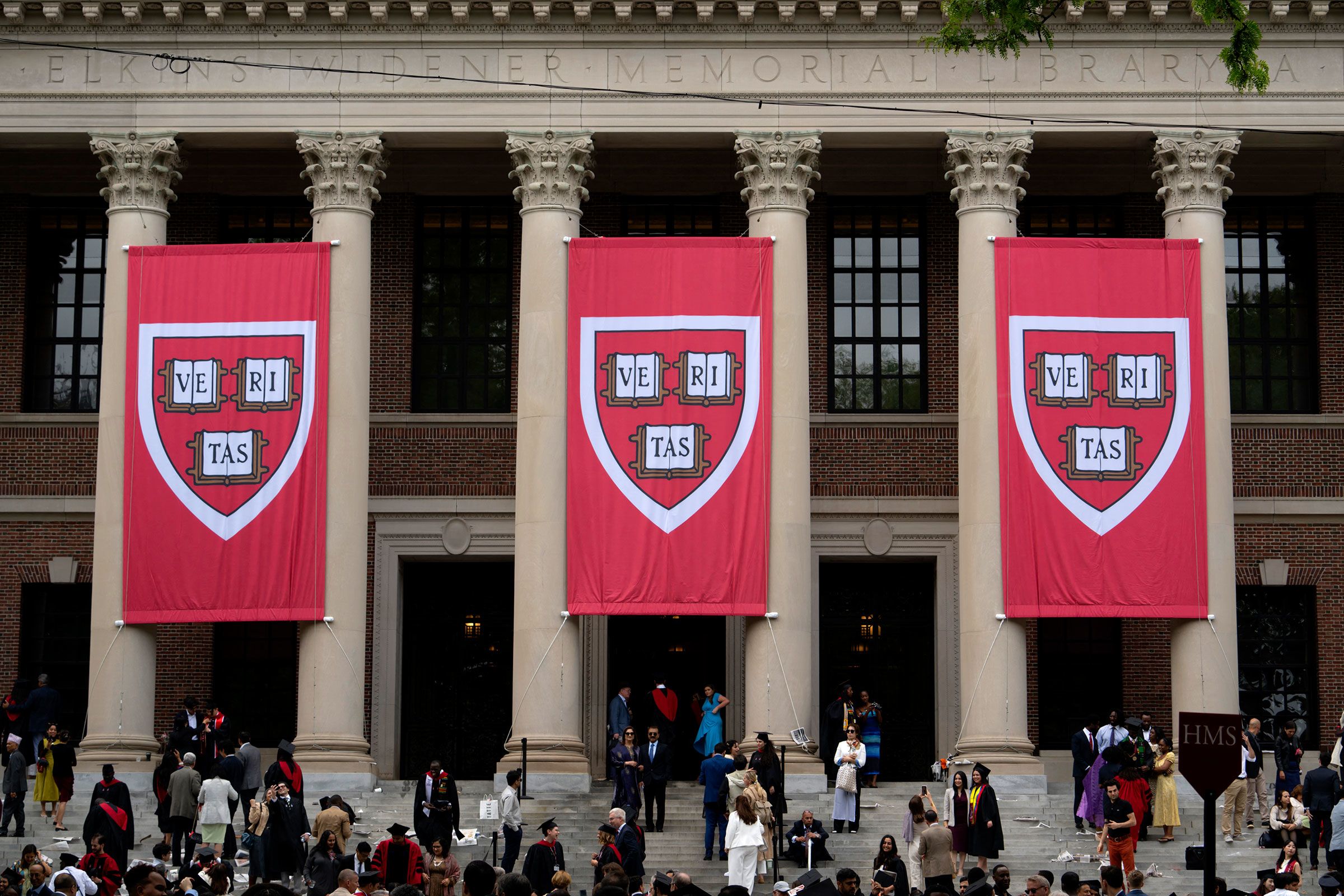 <i>Rick Friedman/AFP/Getty Images via CNN Newsource</i><br/>Harvard banners in front Widener Library during the 374th Harvard Commencement in Harvard Yard in Cambridge