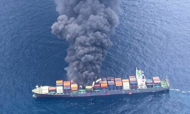 Smoke rises following an explosion and fire onboard a Singapore-flagged container ship off the coast of Kerala