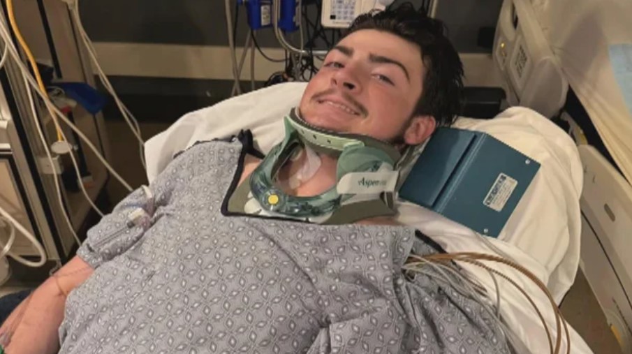 <i>WBZ via CNN Newsource</i><br/>Aiden Sloan suffered a broken neck after diving into a wave at Hampton Beach.
